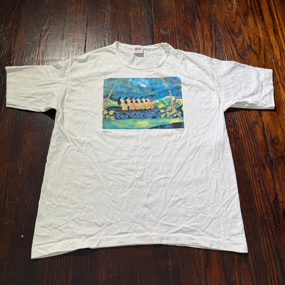 Vintage Nan Miller Art Shirt Men XL White Hula Dancers Anvil Single Stitch USA